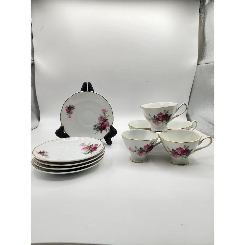 A Special Place Pink Rose Floral Tea Cup and Saucer Set Gold Trim 10 Piece